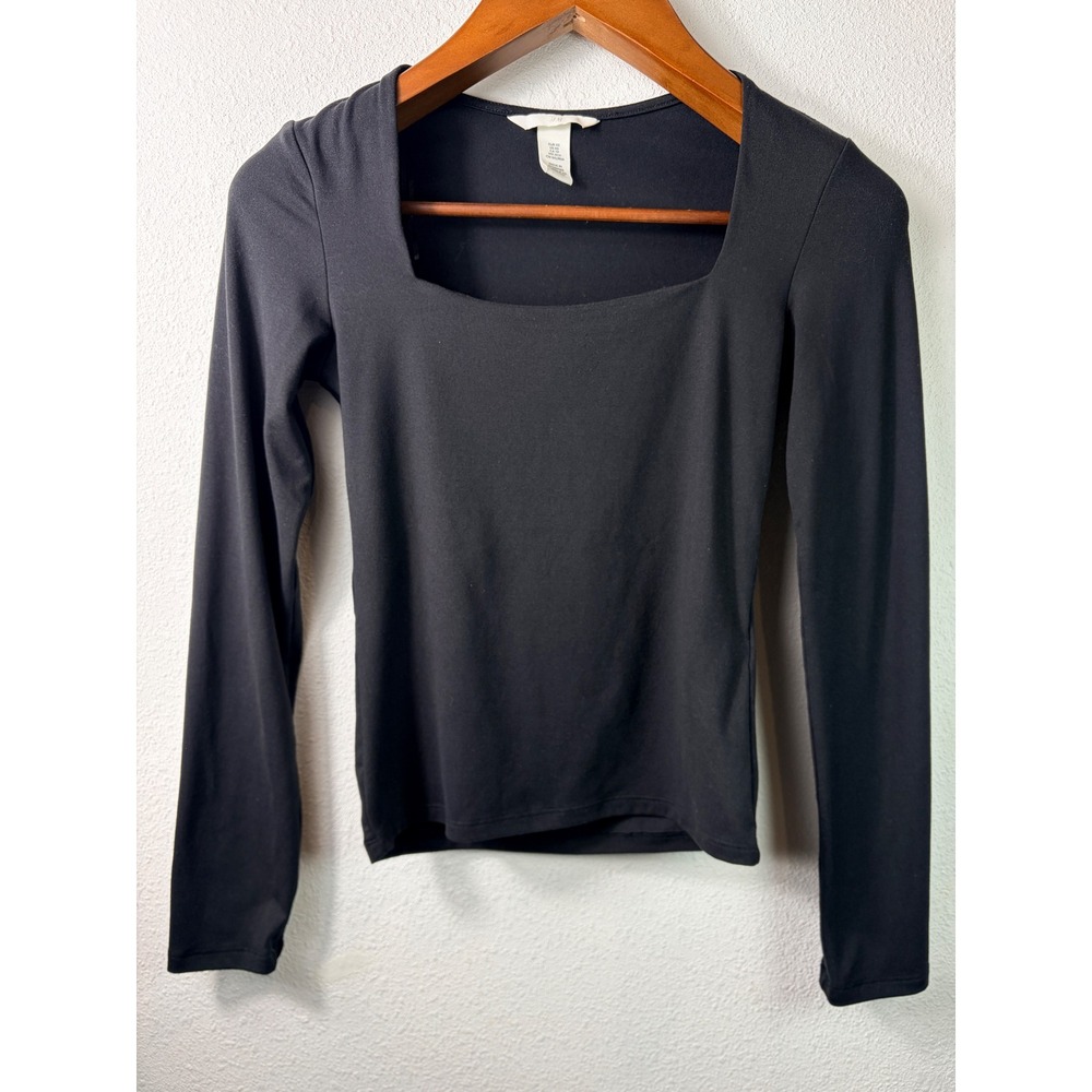 H&M Women Long Sleeve Top Black XS Square Neck Jersey Stretch Minimalist